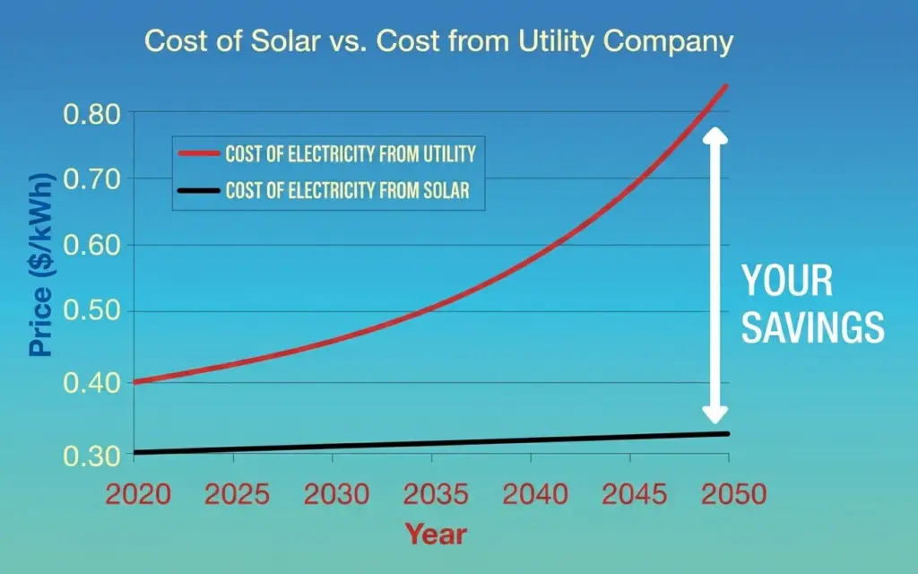 Chart showing prices of solar vs prices from utility companies over a 30 year period