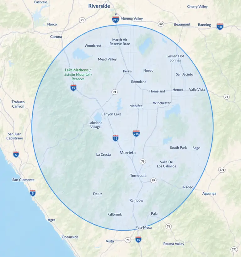 Service area including Murrieta, Temecula, Menifee, and the surrounding area including Southwest Riverside County and Northeast San Diego County